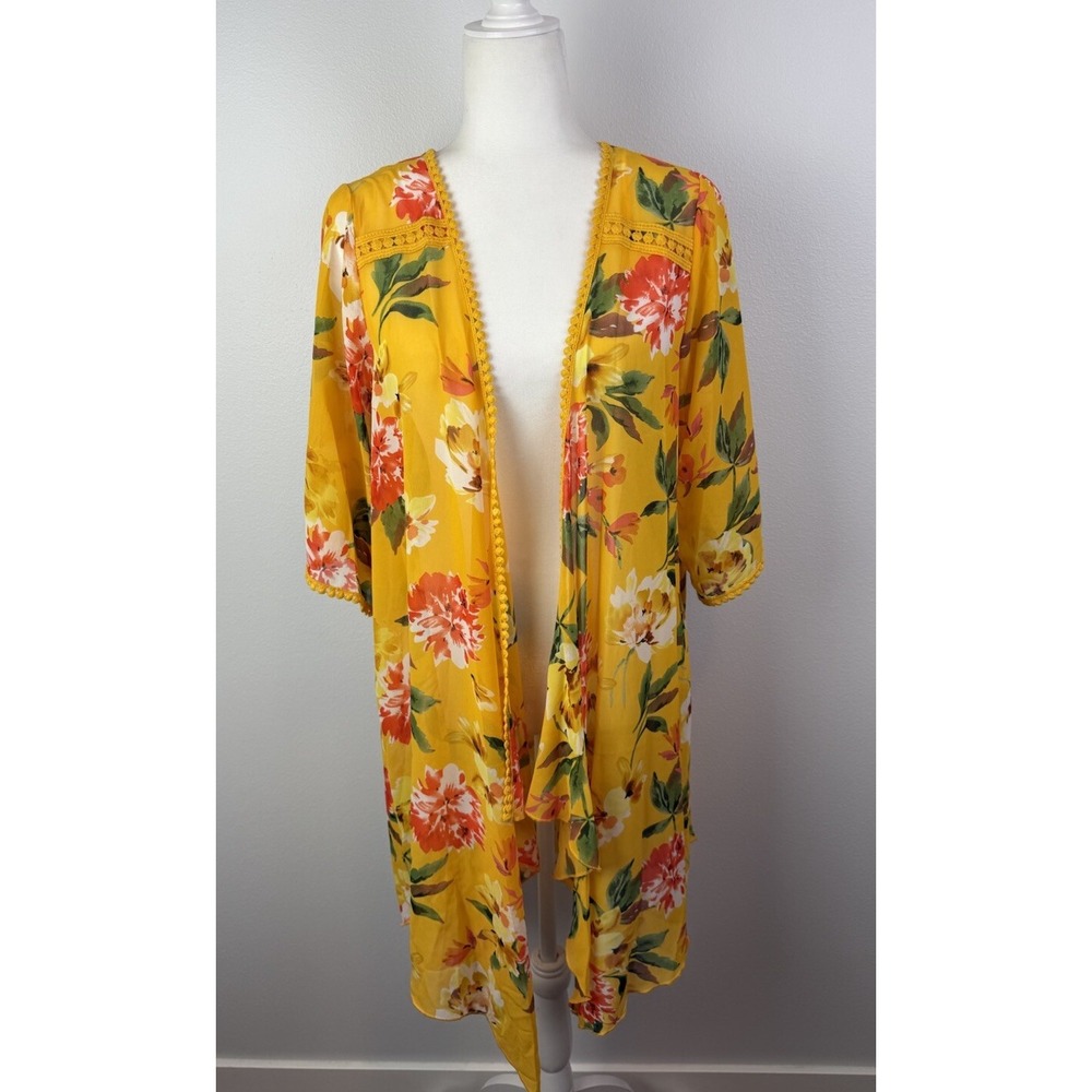 Emory Park Landy Crochet Trim Open Front Kimono‎ Size Medium Mustard Yellow